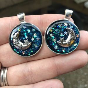 Handcrafted Galaxy moon necklace pendant.